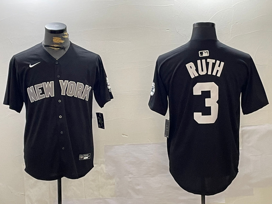 Men's New York Yankees Babe Ruth #3 Black Game Jersey1