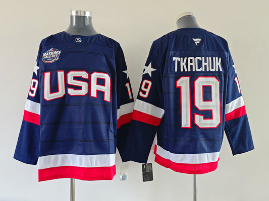 Men's United States 2025 4 Nations Face-Off Matthew Tkachuk #19 Navy Breakaway Jersey