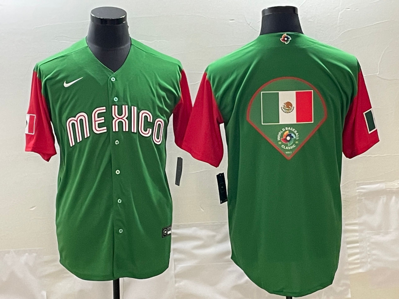 Men's 2023 World Baseball Classic Mexico Green/Red Player Jersey1