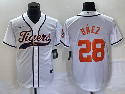 Men's Detroit Tigers Javier Baez #28 White Replica Player Jersey1 Joint Edition