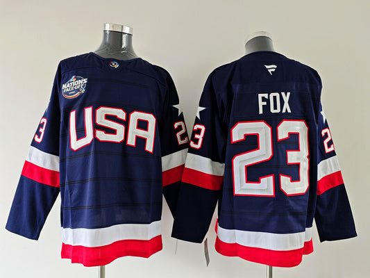 Men's United States 2025 4 Nations Face-Off Adam Fox #23 Navy Breakaway Jersey