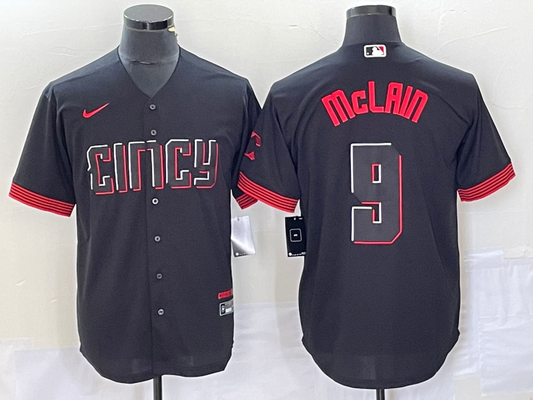 Men's Cincinnati Reds Matt McLain #9 Black 2023 City Connect Replica Player Jersey1