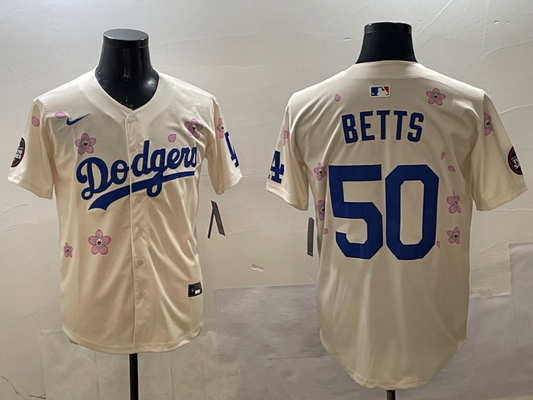 Men's Los Angeles Dodgers Mookie Betts #50 Cream Replica Player Jersey1