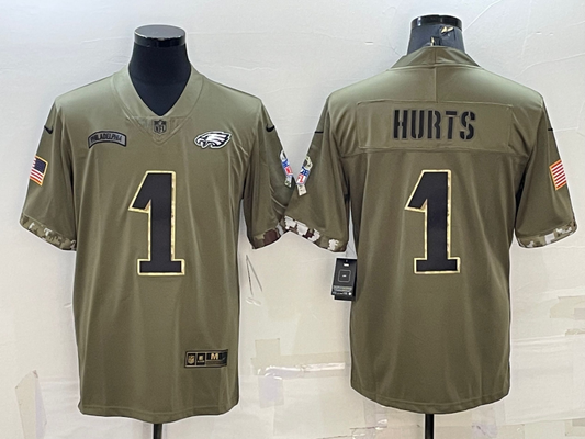 Men's Philadelphia Eagles Jalen Hurts #1 Olive 2022 Salute To Service Limited Jersey1