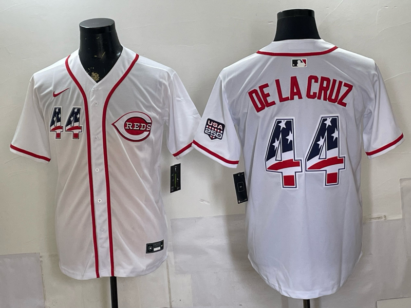Men's Cincinnati Reds Elly De La Cruz #44 White USA 250 Fourth of July Home Stadium Jersey