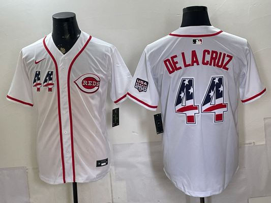Men's Cincinnati Reds Elly De La Cruz #44 White USA 250 Fourth of July Home Stadium Jersey