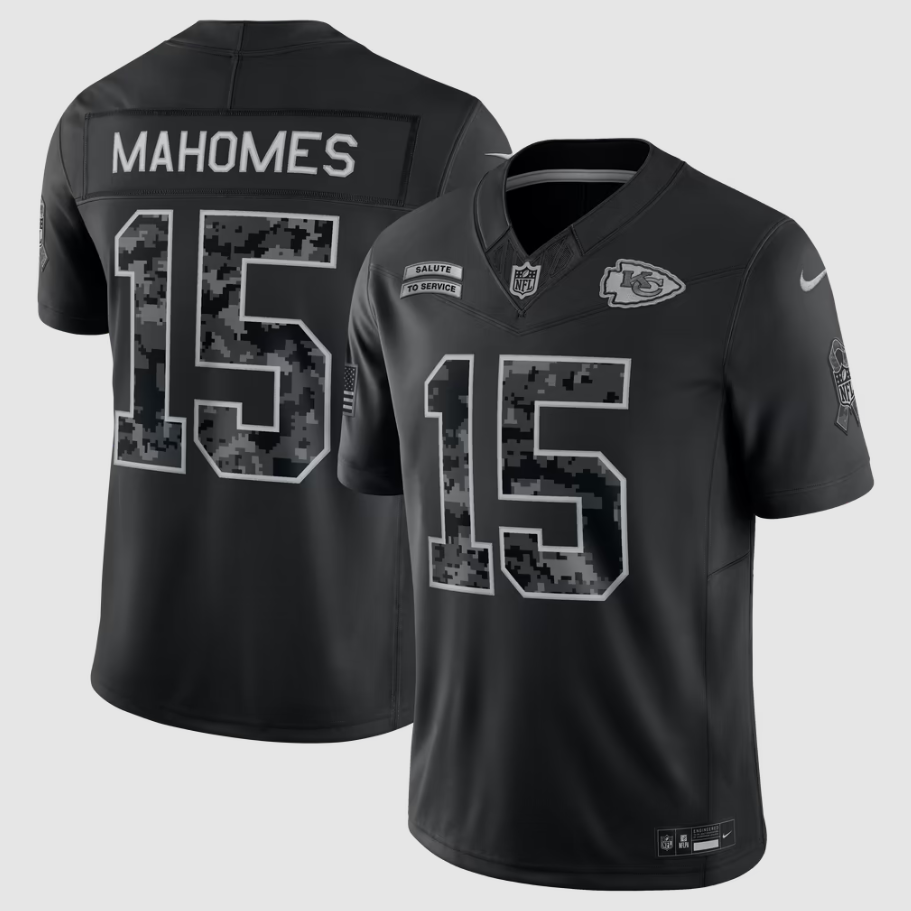 Men's Kansas City Chiefs Patrick Mahomes #15 Black 2026 Salute to Service Stitched Limited Jersey