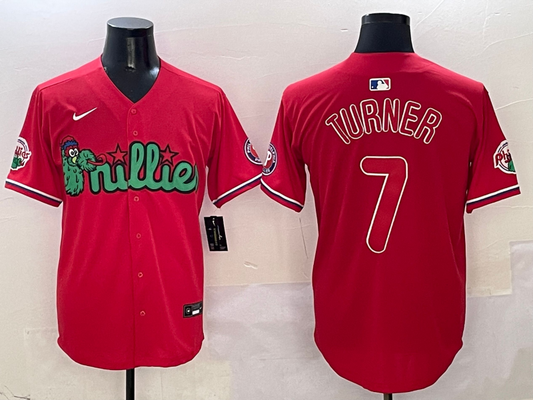 Men's Philadelphia Phillies Trea Turner #7 Red Player Jersey1