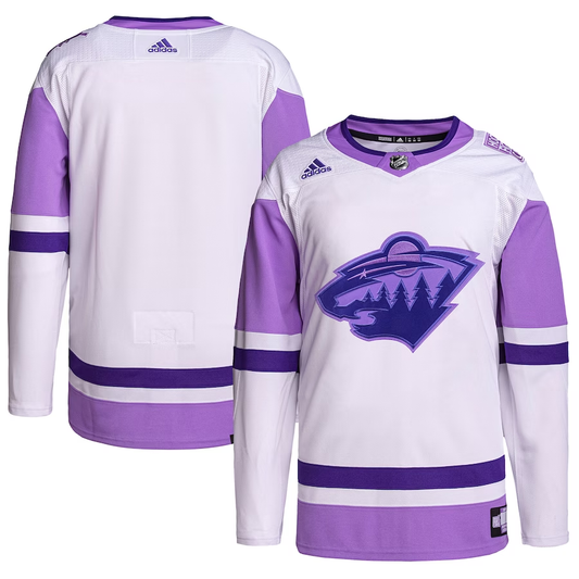 Men's Minnesota Wild White/Purple Hockey Fights Cancer Primegreen Authentic Blank Practice Jersey1