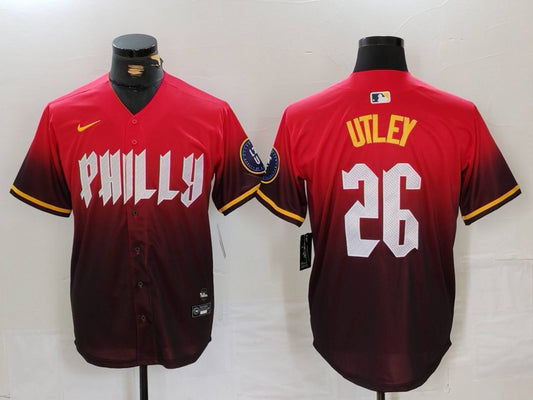 Men's Philadelphia Phillies Chase Utley #26 Red 2024 City Connect Replica Player Jersey1