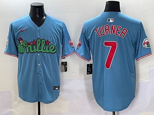 Men's Philadelphia Phillies Trea Turner #7 Blue Player Jersey1