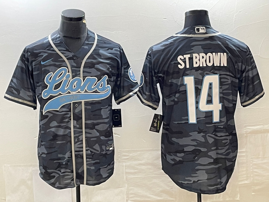 Men's Detroit Lions Amon-Ra St. Brown #14 Grey Camouflage Game Jersey1 Joint Edition