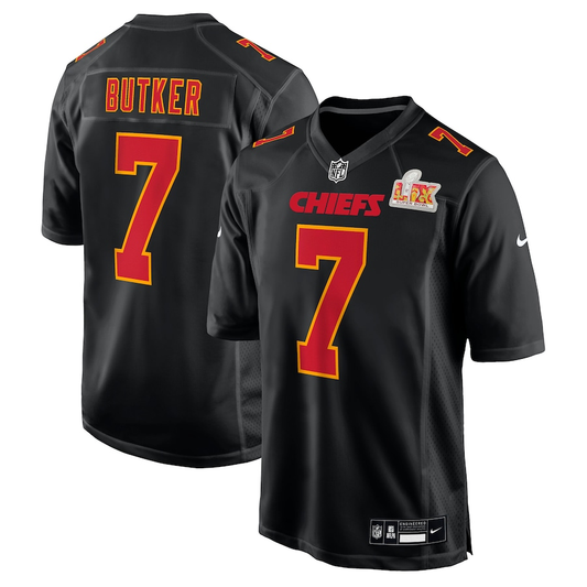 Men's Kansas City Chiefs Harrison Butker #7 Carbon Black Super Bowl LIX Fashion Game Jersey1