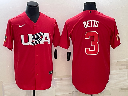 Men's 2023 World Baseball Classic #3 Mookie Betts USA Red Jersey1