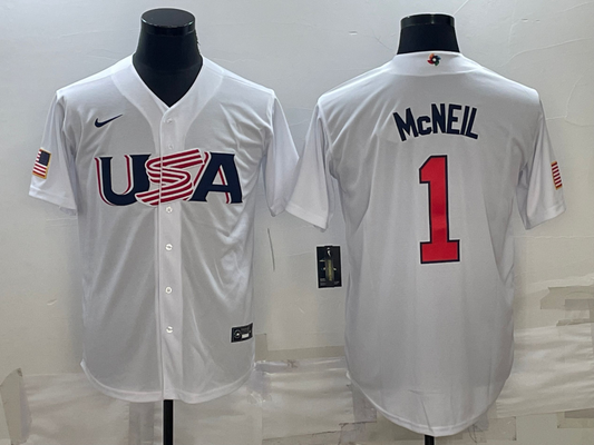 Men's 2023 World Baseball Classic #1 Jeff McNeil USA White Jersey1