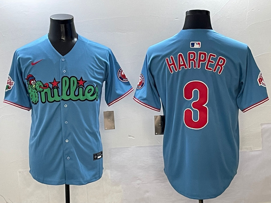 Men's Philadelphia Phillies Bryce Harper #3 Blue Replica Player Jersey1