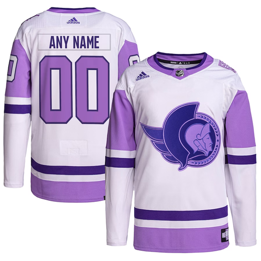 Men's Ottawa Senators White/Purple Hockey Fights Cancer Custom Jersey1