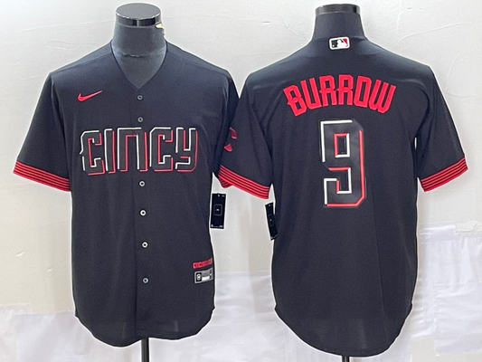 Men's Cincinnati Reds Joe Burrow #9 Black 2023 City Connect Replica Player Jersey1