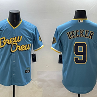 Men's Milwaukee Brewers Bob Uecker #9 Powder Blue City Connect Replica Player Jersey1