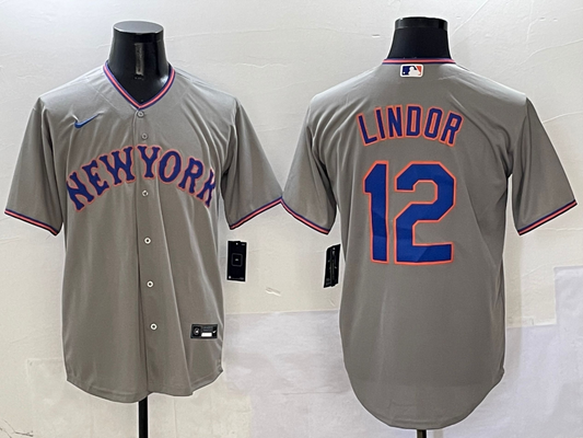 Men's New York Mets Francisco Lindor #12 Gray Replica Player Jersey1
