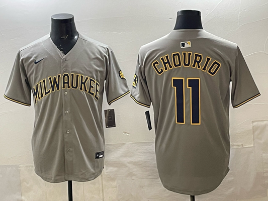 Men's Milwaukee Brewers Jackson Chourio #11 Grey Replica Player Jersey