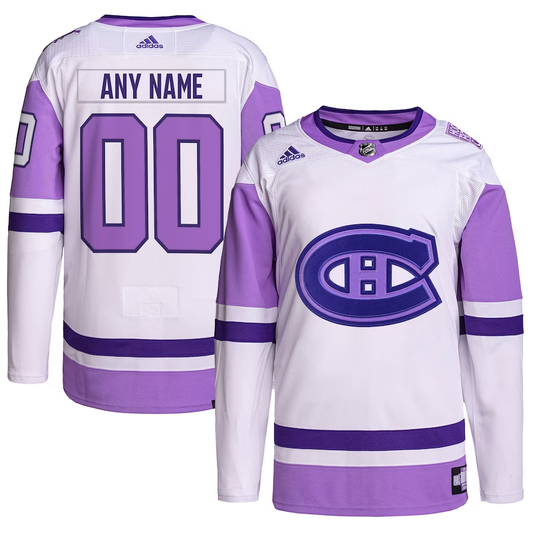 Men's Montreal Canadiens White/Purple Hockey Fights Cancer Custom Jersey1