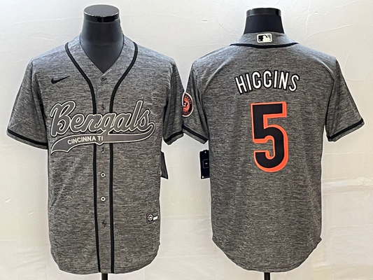Men's Cincinnati Bengals Tee Higgins #5 Grey Fashion Game Jersey1