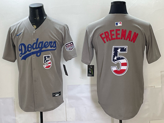 Men's Los Angeles Dodgers Freddie Freeman #5 Gray USA 250 Fourth of July Home Stadium Jersey