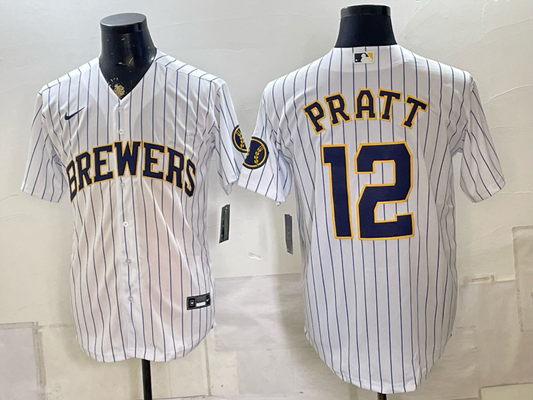 Men's Milwaukee Brewers Cooper Pratt #12 White Limited Player Jersey