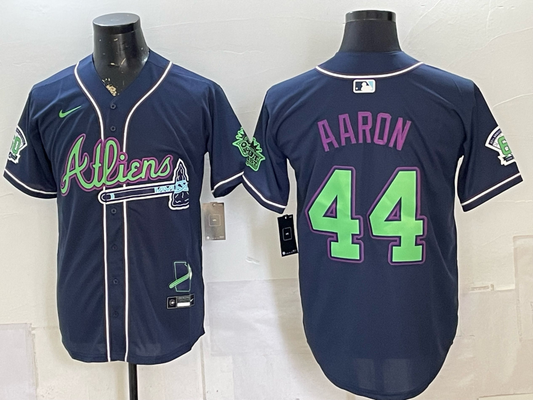 Men's Atlanta Braves Hank Aaron #44 Navy Alternate Replica Jersey