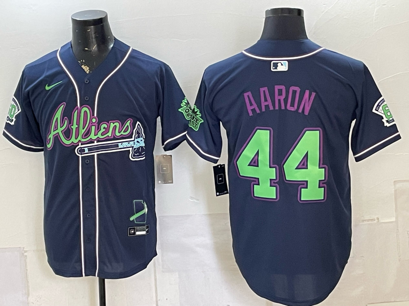 Men's Atlanta Braves Hank Aaron #44 Navy Alternate Replica Jersey