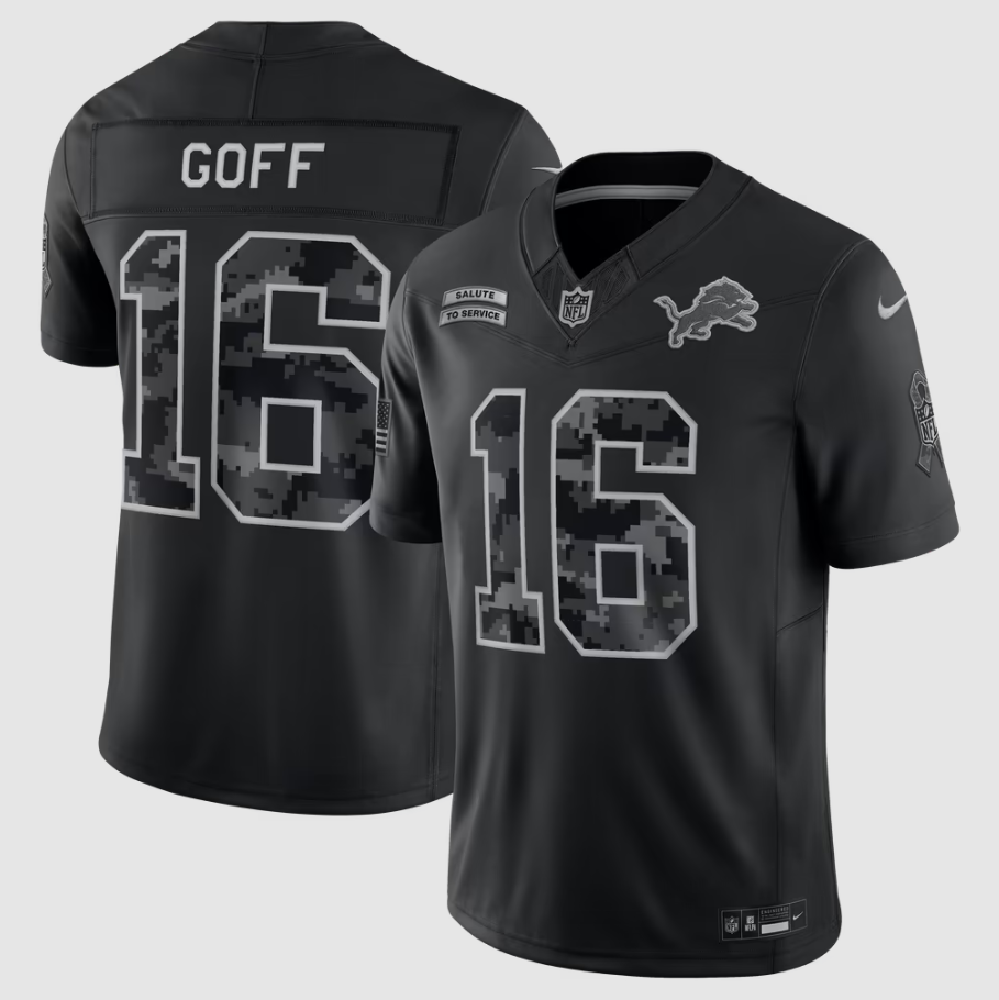 Men's Detroit Lions Jared Goff #16 Black 2026 Salute to Service Stitched Limited Jersey