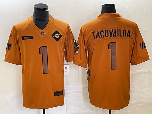 Men's Miami Dolphins Tua Tagovailoa #1 Brown 2023 Salute To Service Limited Jersey1