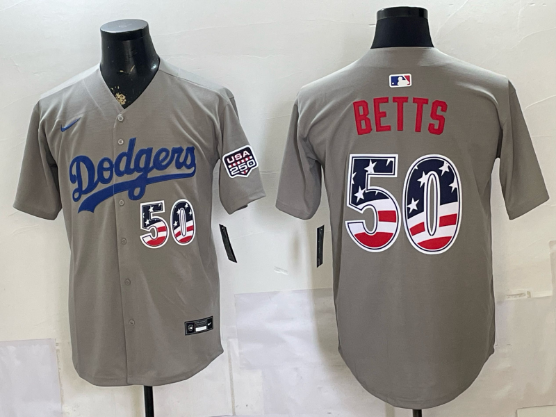 Men's Los Angeles Dodgers Mookie Betts #50 Gray USA 250 Fourth of July Home Stadium Jersey