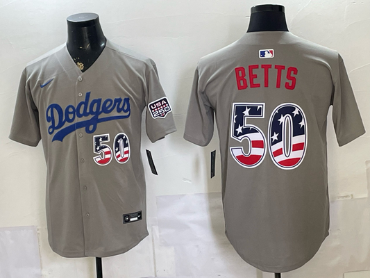Men's Los Angeles Dodgers Mookie Betts #50 Gray USA 250 Fourth of July Home Stadium Jersey