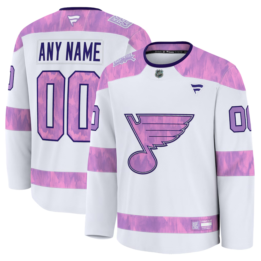 Men's St. Louis Blues Fanatics White Purple 2024 Hockey Fights Cancer Practice Custom Jersey