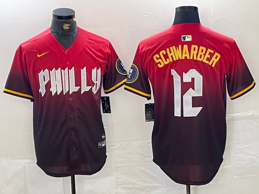 Men's Philadelphia Phillies Kyle Schwarber #12 Red 2024 City Connect Limited Player Jersey1