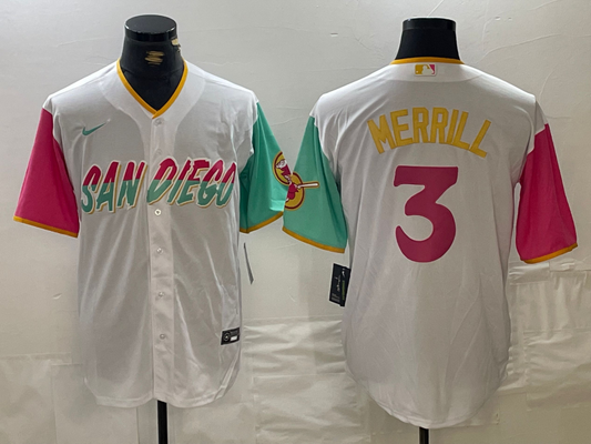 Men's San Diego Padres Jackson Merrill #3 White City Connect Replica Player Jersey1