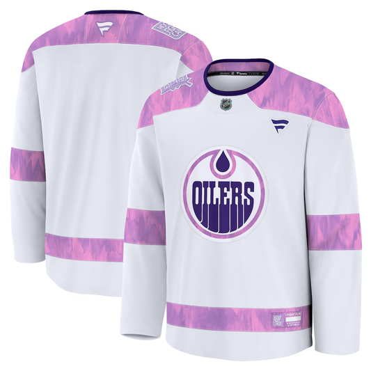 Men's Edmonton Oilers Fanatics White Purple 2024 Hockey Fights Cancer Practice Blank Jersey