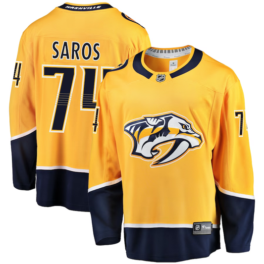 Men's Nashville Predators Juuse Saros #74 Gold Breakaway Player Jersey1