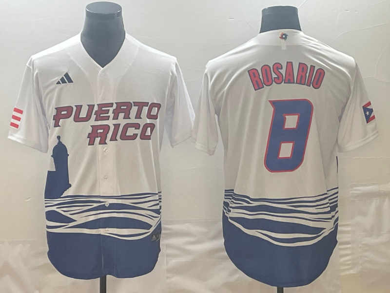 Men's 2023 World Baseball Classic #8 Eddie Rosario Puerto Rico White Jersey1