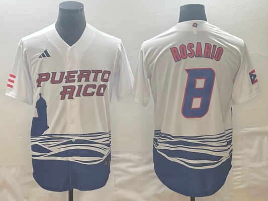 Men's 2023 World Baseball Classic #8 Eddie Rosario Puerto Rico White Jersey1