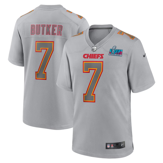Men's Kansas City Chiefs Harrison Butker #7 Gray Super Bowl LVII Patch Atmosphere Fashion Game Jersey1