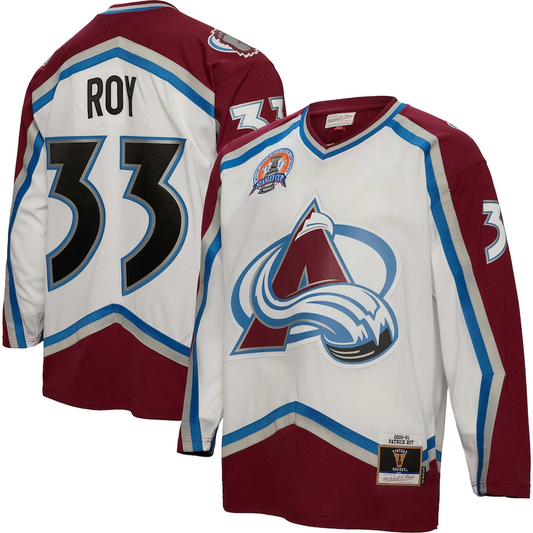 Men's Colorado Avalanche Patrick Roy Mitchell #33 Ness White 2000/01 Blue Line Player Jersey1