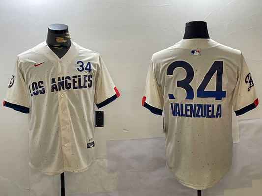 Men's Los Angeles Dodgers Fernando Valenzuela #34 Cream 2024 World Series Champions City Connect Limited Player Jersey1
