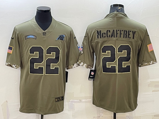 Men's Carolina Panthers Christian McCaffrey #22 Olive 2022 Salute To Service Limited Jersey1