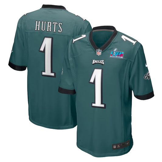Men's Philadelphia Eagles Jalen Hurts #1 Midnight Green Super Bowl LVII Patch Game Jersey1