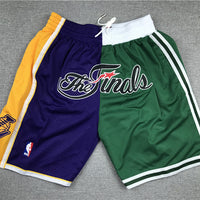 Men's Los Angeles Lakers/Boston Celtics Purple/Green Splicing Basketball Shorts1