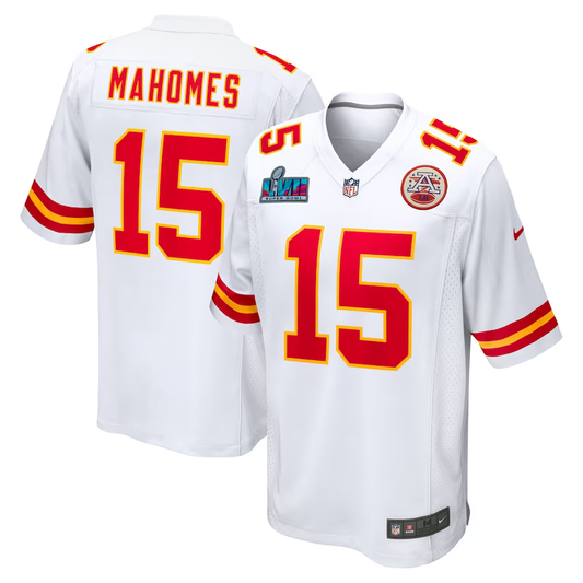 Men's Kansas City Chiefs Patrick Mahomes #15 White Super Bowl LVII Patch Away Game Jersey1