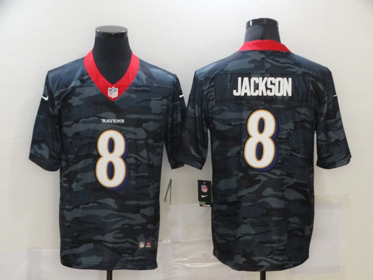 Men's Baltimore Ravens Lamar Jackson #8 Gray Camouflage Game Jersey1